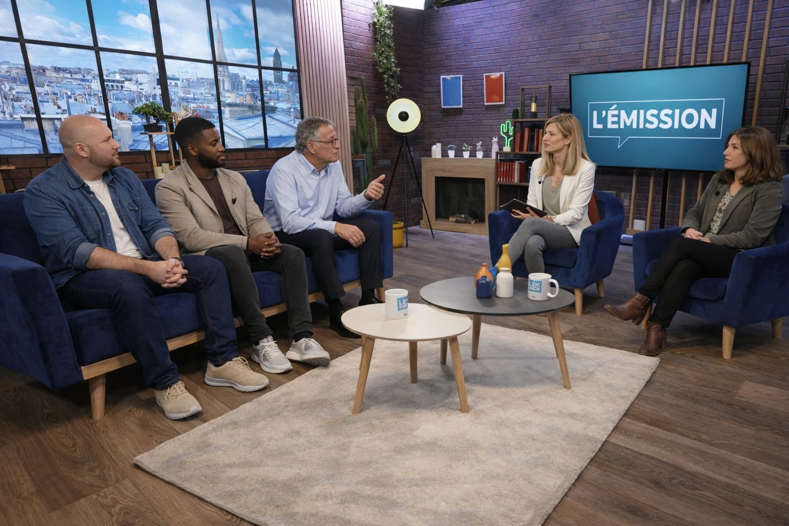 Le plateau en configuration talk-show, canapé, fauteuils et décor brique