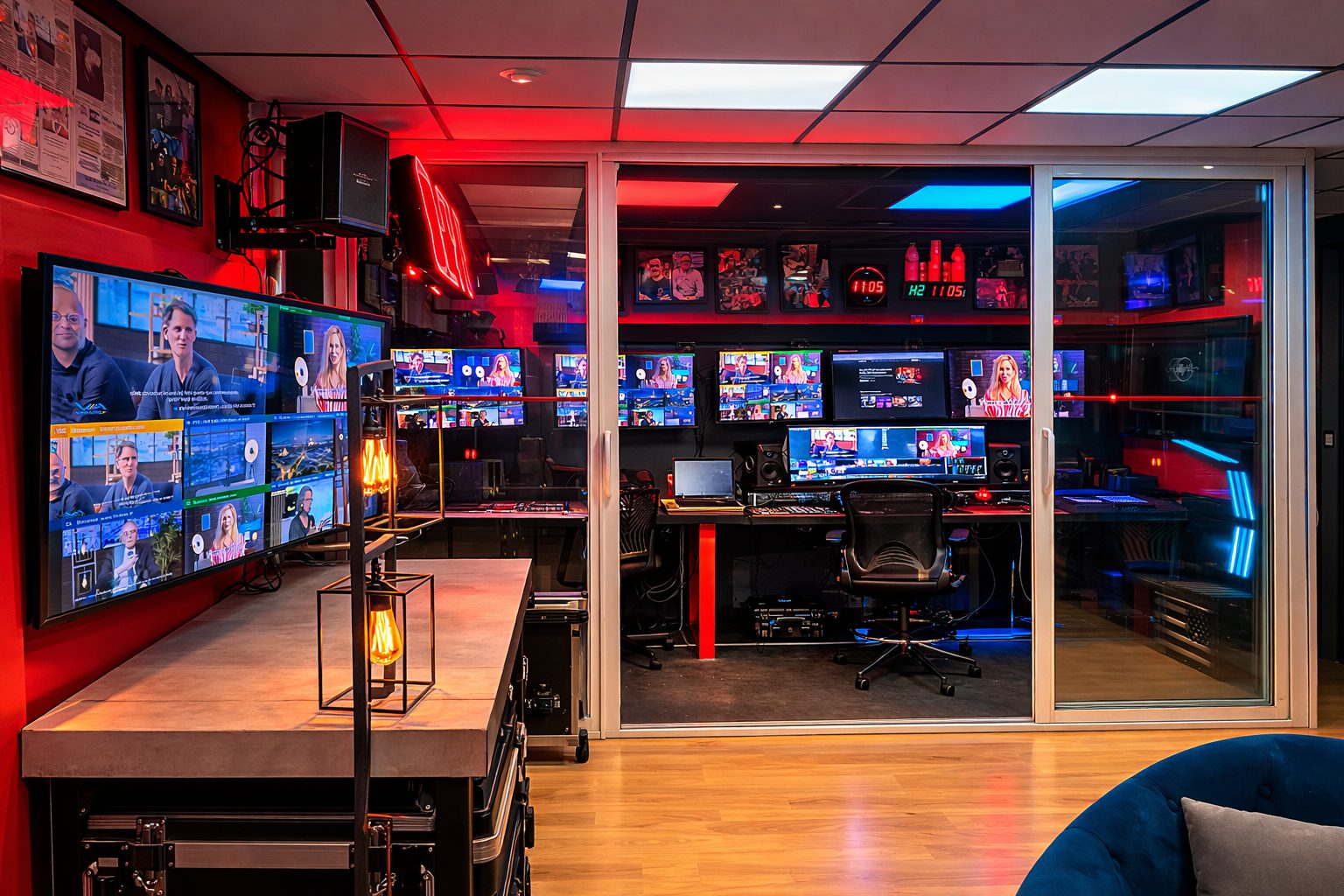 La régie de direct vitrée, vue depuis le salon